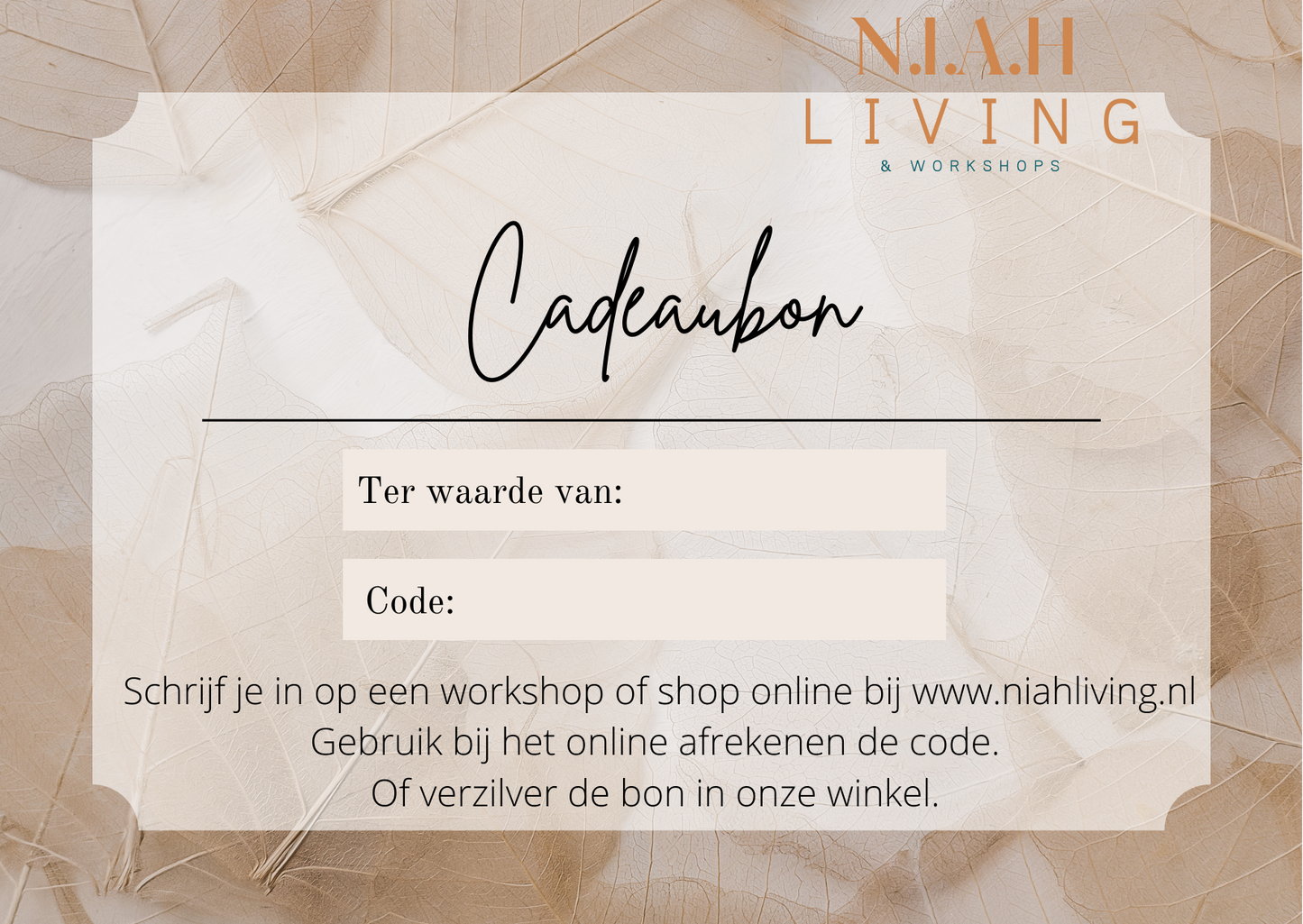 Cadeaubon N.I.A.H Living & Workshops 15 euro